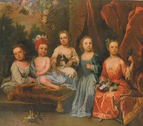A Portrait Group of the Smith Children on a Terrace with a Spaniel, Basket of Flowers and a Parakeet